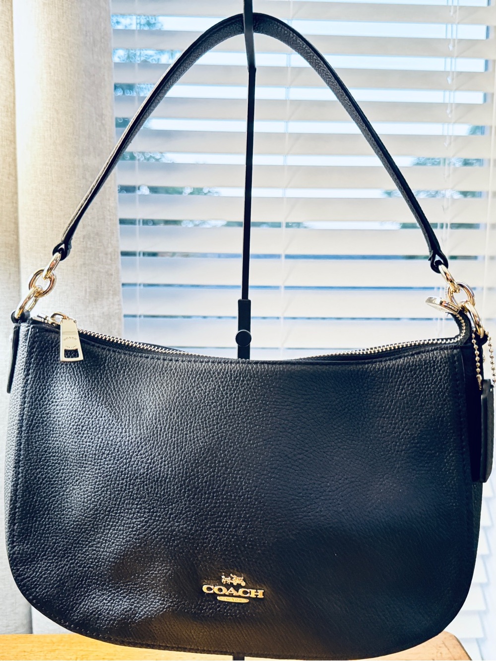 Coach Black Pebbled Leather Crescent Shoulder Bag Gold Hardware